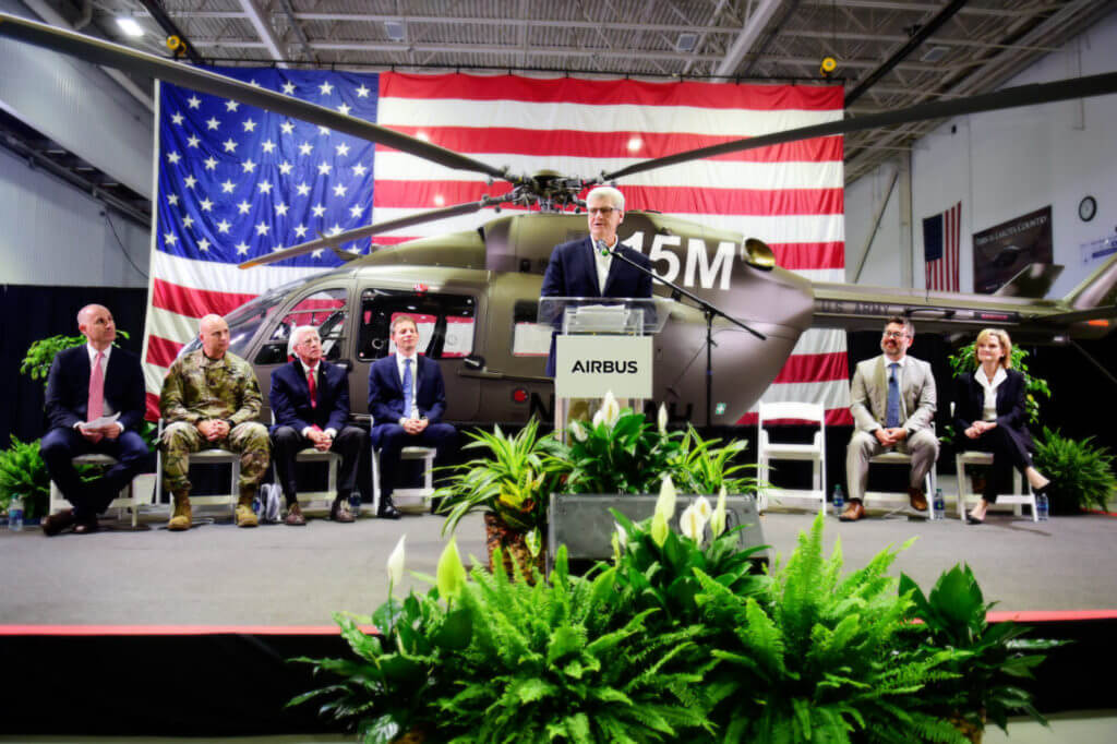 Mississippi Governor Phil Bryant congratulates Airbus Helicopters' employees on the job well done. Airbus Photo