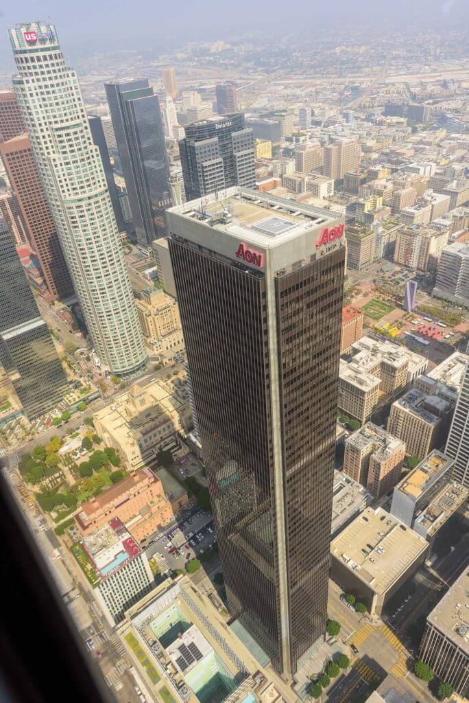 An aerial view of the AON building in downtown L.A., a 62-story skyscraper with an approved helipad on its rooftop. Photo courtesy of Mark Bolanos 
