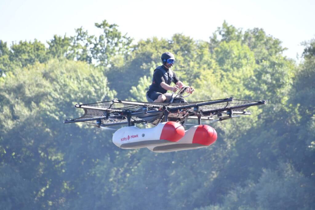 When publicly debuted at EAA AirVenture OshKosh in July 2017, the prototype featured a motorcycle (or personal watercraft) style seat and handlebars, a pair of floats and eight electric-powered propellers covered by protective netting. Ken Swartz Photo