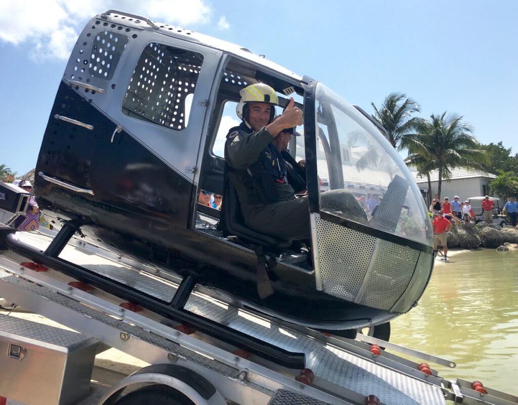 Former Navy SEAL Mic O'Keefe prepares to deploy into an open water pond in Barbara Kaiser's HUET at a Florida Keys demonstration. Barbara Kaiser Photo
