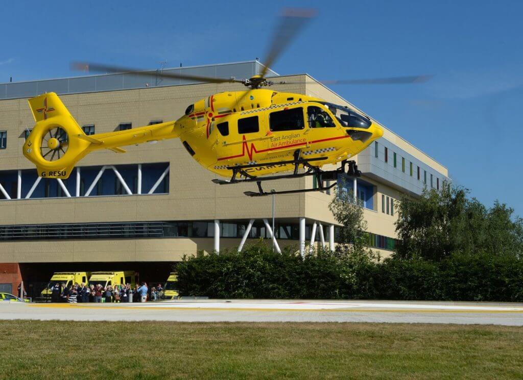 The East Anglian Air Ambulance lands on the new helipad at Ipswich Hospital NHS Trust.