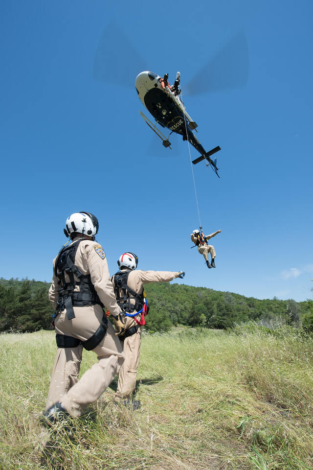 CHP helicopter flight officers are all paramedics. When necessary, CHP can also pull flight officers from the fixed-wing program who are qualified to run the hoist. Dan Megna Photo