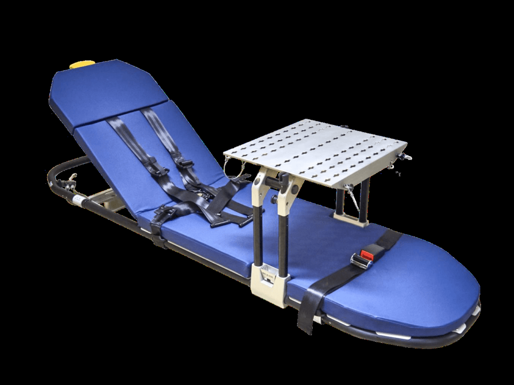 The AeroStretcher Mk IV modular aeromedical system is installed directly on the aircraft seat tracks using GVH Aerospace's patent-pending multi-fit floor interface system.