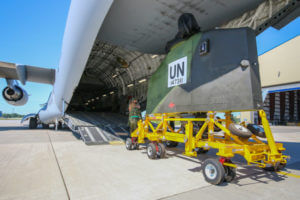 Royal Canadian Air Force crews loaded the first of three CH-147F Chinook heavy lift helicopters pledged to the UN peacekeeping mission in Mali. Steve Bigg Photo
