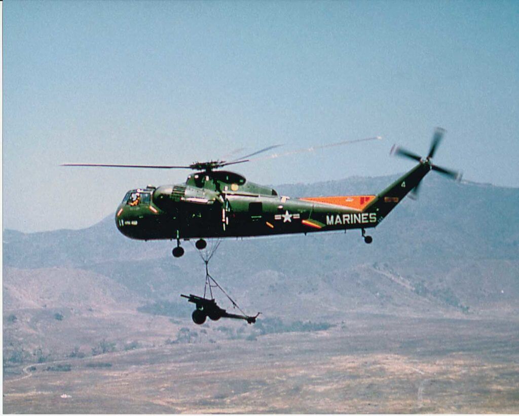 The U.S. Marine Corps HR2S-1 helicopter was one of the first rotary-wing aircraft capable of lifting heavy equipment that supported the Marines. Jeff Evans Collection Photo 