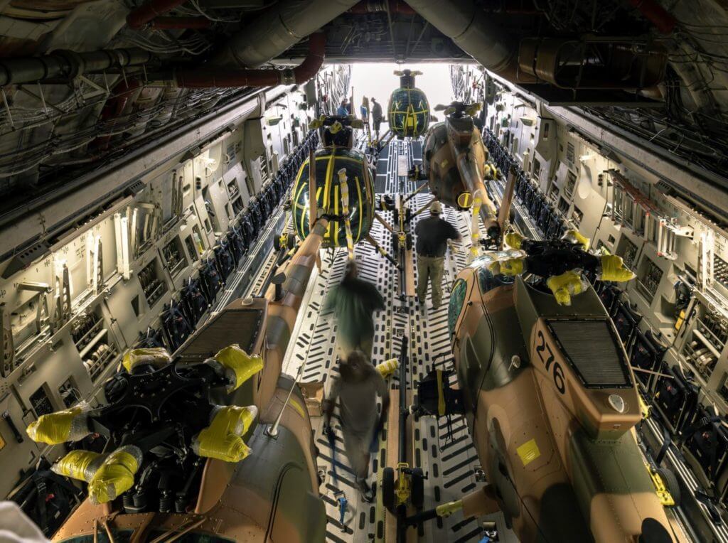 The five MD 530F Cayuse Warrior helicopters were transported to Kandahar, Afghanistan, in a Boeing C-17 Globemaster III. MDHI Photo