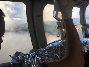 The Simrik Air Bell 407GXP was fully equipped with medical gear to provide pre-hospital care to the patient. The photo also shows the thick fog that made it difficult for the aircrew to perform the medevac. Nepal Mediciti Hospital Photo