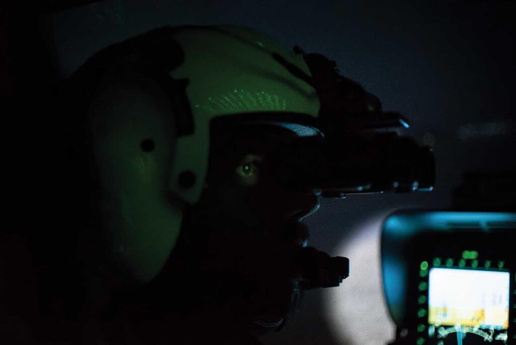 The author wearing a Gentex Alpha Eagle helmet and NVIS system, as available for customer training. Lloyd Horgan Photo