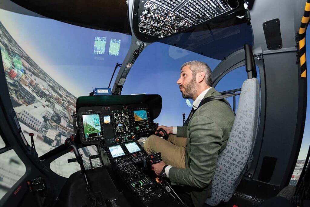 The author positions the H145 simulator to land at Oulu hospital over terrain designed for FinnHEMS. Lloyd Horgan Photo 