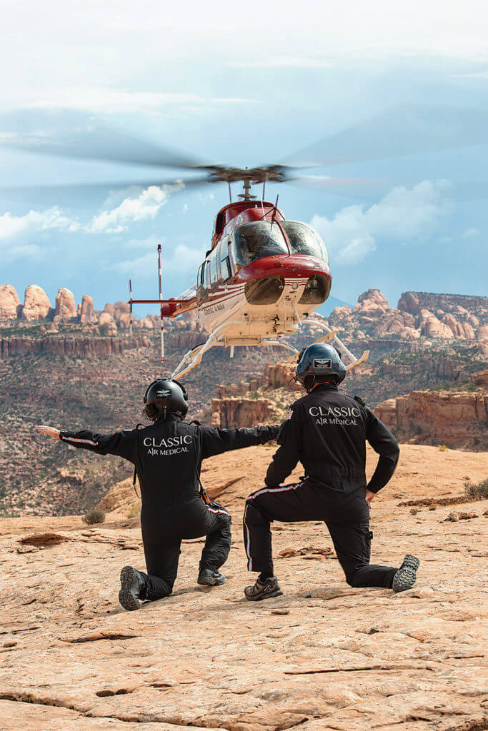 Classic medical crews and pilots are equally at home working from improved helipads or rugged outcroppings like this one near Moab, Utah. Dan Megna Photo