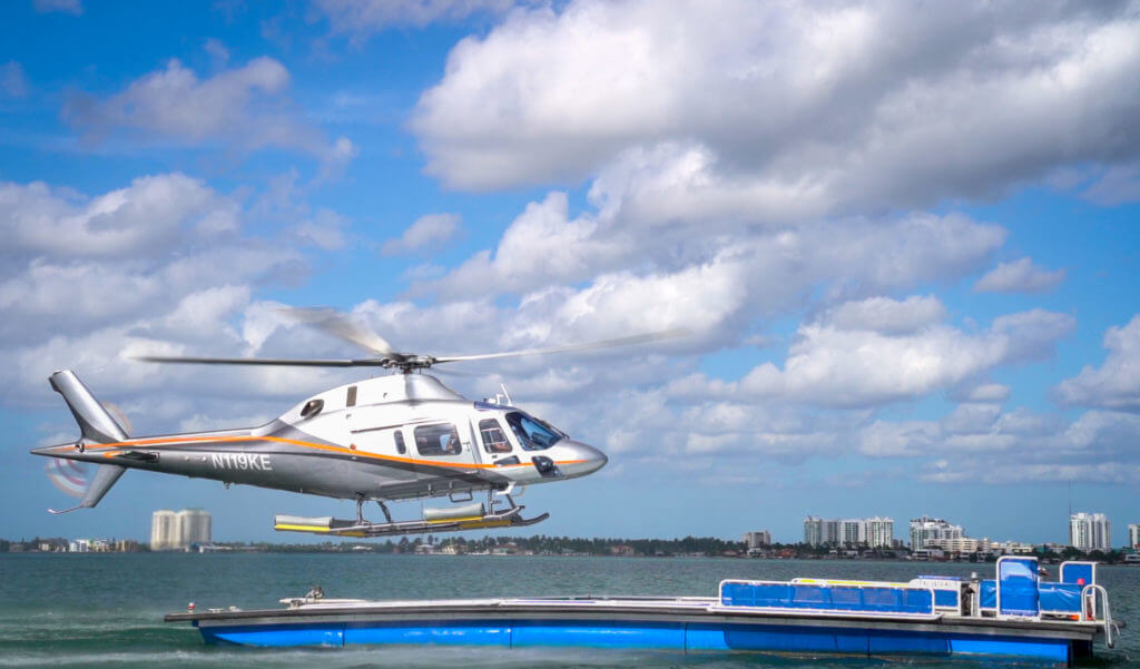 ILandMiami's marine utility vessel (MUV) can accommodate helicopters up to 7,000 pounds. Pictured is Leonardo's AW119Kx landing on an MUV. Leonardo Photo