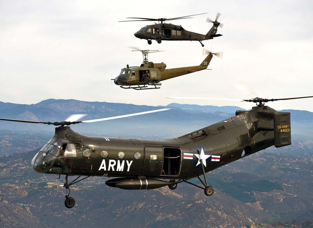 In 2013, Vertical took part in a historic flight of three generations of U.S. Army medium lift helicopters: Classic Rotors' Piasecki CH-21B Workhorse, Wings and Rotors' Bell UH-1B Huey, and a Sikorsky UH-60 from the California Army National Guard. Skip Robinson Photo