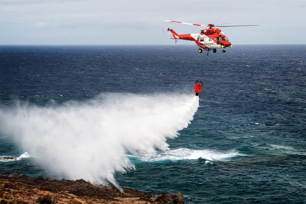 GES uses the W-3 Sokół with a 1,600-liter Bambi Bucket to fight fires on the Canary Islands, in addition to performing SAR missions. Lloyd Horgan Photo