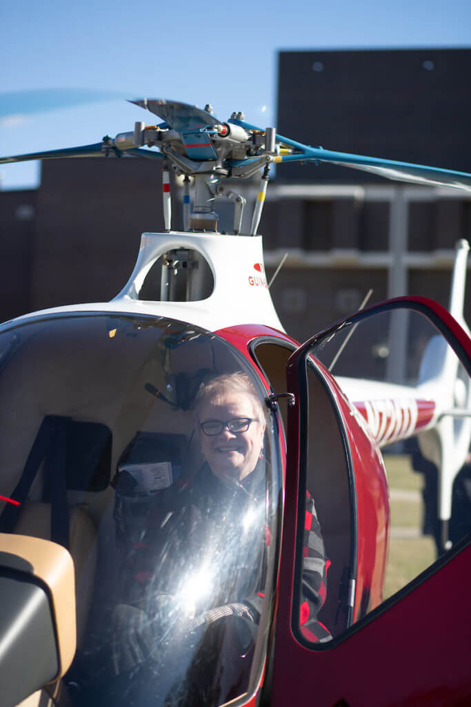APSU president Alisa White sits in the cockpit of GOV 1, a Guimbal Cabri G2, after the aircraft landed on campus. APSU Photo