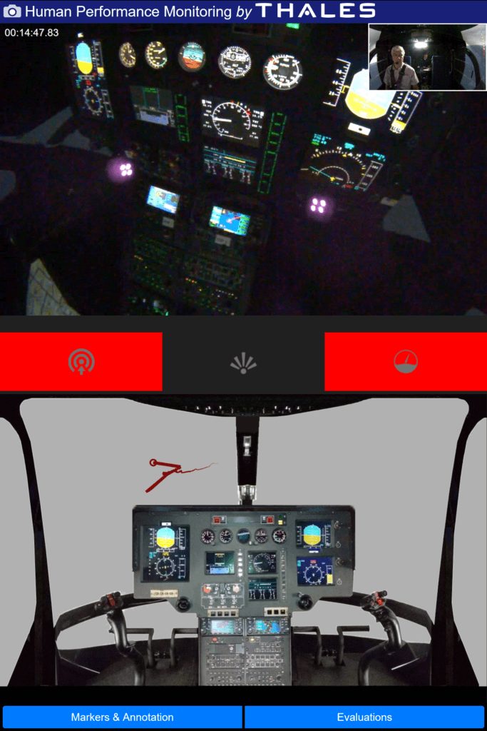 On the central banner, three alarms warn the instructor that the pilot is in a tunnel vision situation, or is not looking through the windows or at the instrument panel enough. At the bottom of the display, on the left window, the recent focus of the pilot's gaze is depicted with a red line. Thales Training & Simulation Photo