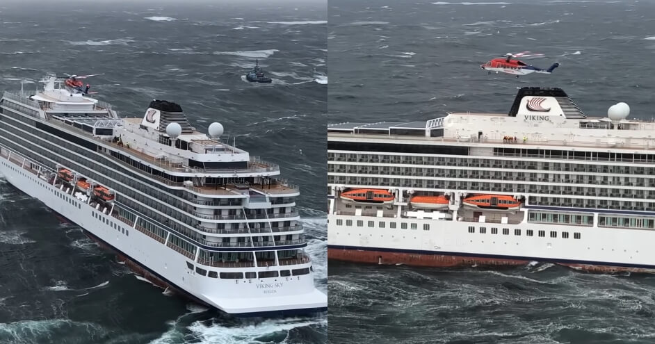 Helicopter rescuing cruise ship passengers from Viking Sky