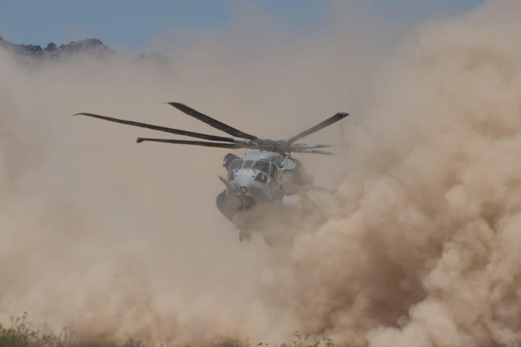 CH-53K helicopter landing in brownout