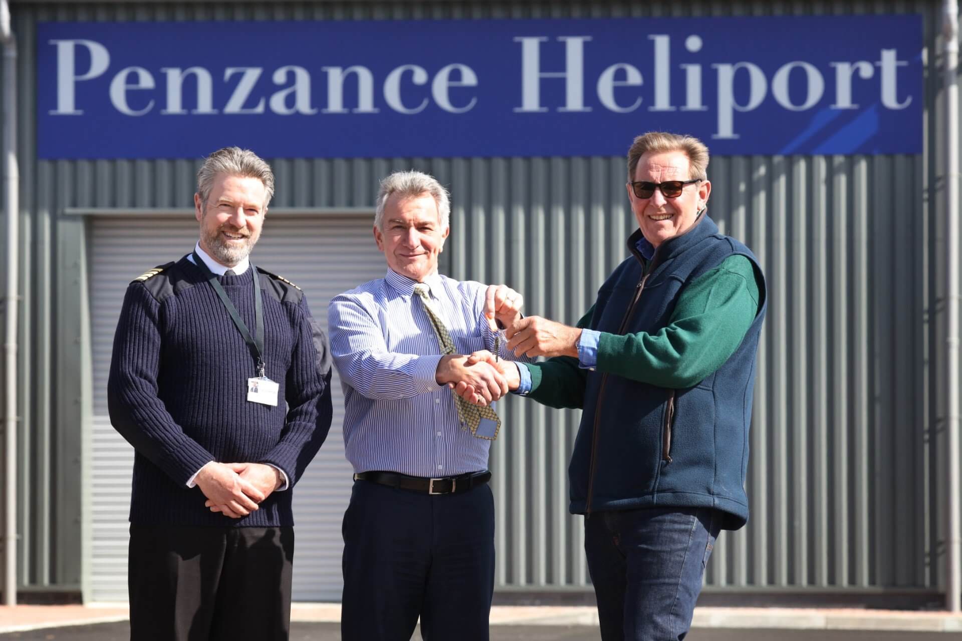 Operational control of the entire heliport was handed over to Sloane Helicopters shortly before the launch of the new scheduled service. Captain Justin Wood (GM, Penzance Helicopters), Robert Dorrien-Smith (a key investor in the Penzance Heliport facility), and Jeremy Awenat (MD, Sloane Helicopters). Greg Caygill Photo