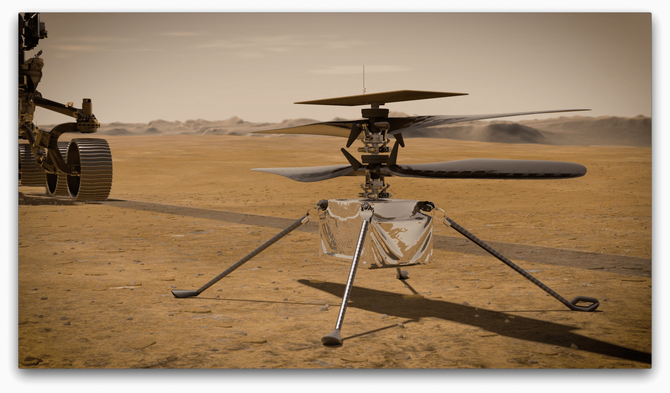 An artist's conceAn artist's concept shows NASA's Ingenuity Mars Helicopter standing on the Red Planet's surface. The aircraft will arrive on Mars on Feb. 18, 2021, and will become the first aircraft to attempt controlled flight on another planet. NASA Imagept shows NASA's Ingenuity Mars Helicopter standing on the Red Planet's surface. The aircraft will arrive on Mars on Feb. 18, 2021, and will become the first aircraft to attempt controlled flight on another planet. NASA Image