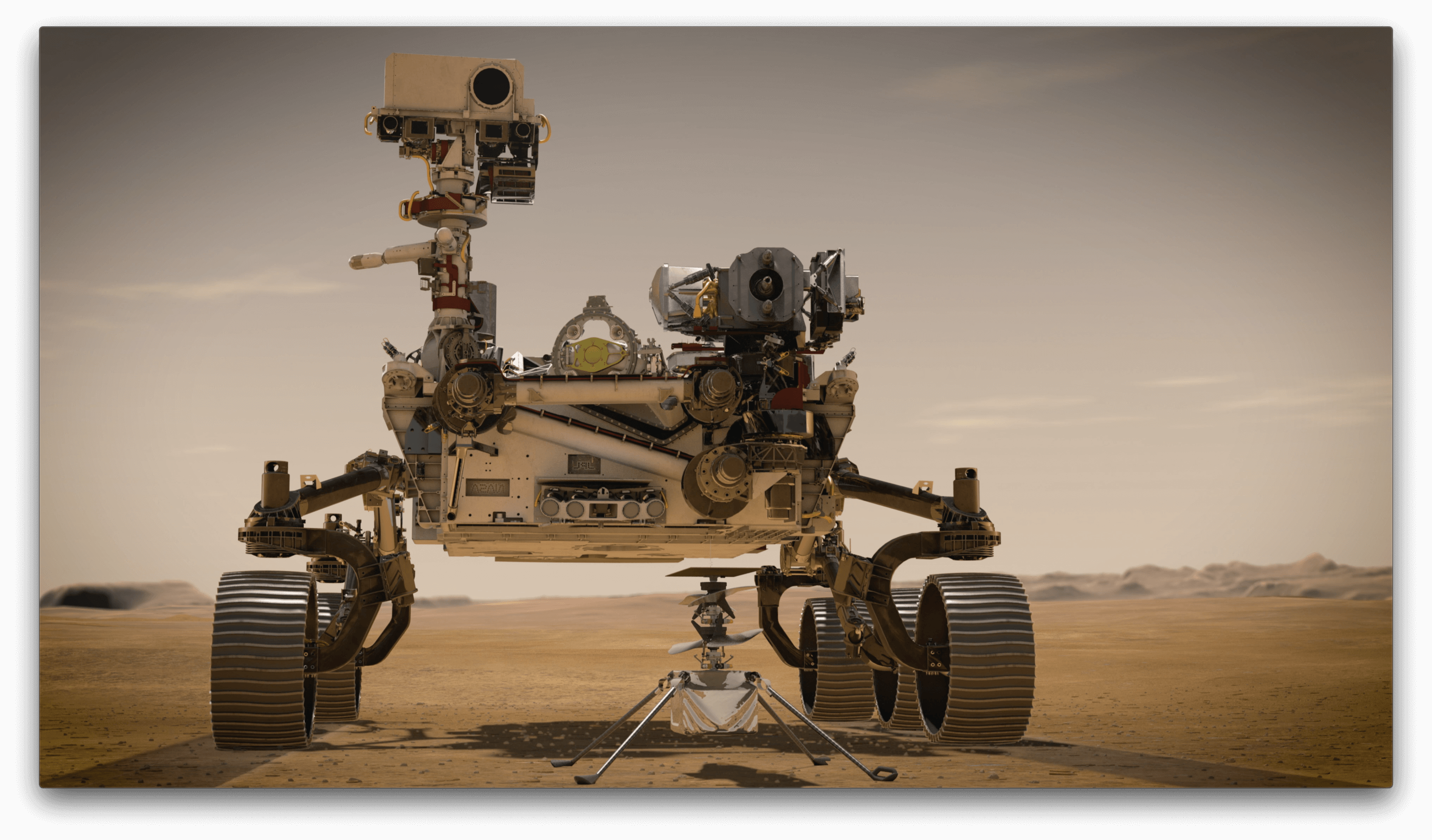 NASA's Mars 2020 Perseverance rover stands behind Ingenuity in this artist's concept. Perseverance is the most sophisticated rover NASA has ever sent to Mars, and will arrive at Jezero Crater with Ingenuity attached to its belly. NASA Image
