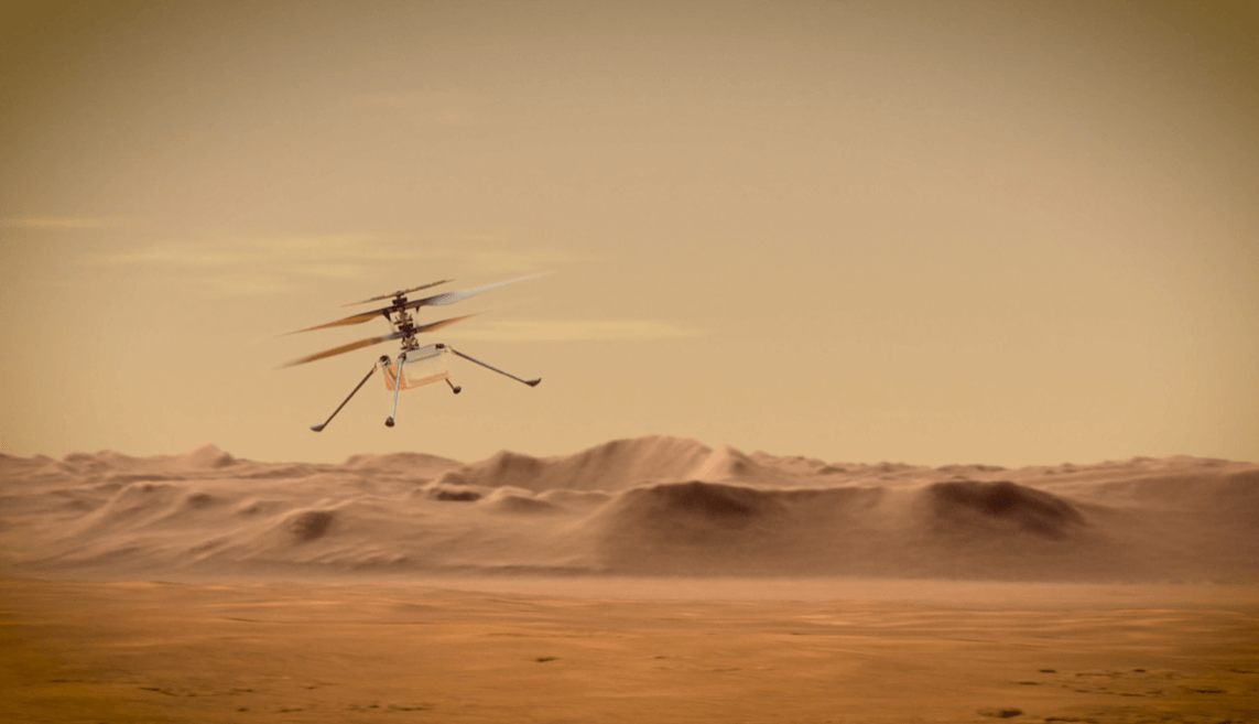 An artist's concept of Ingenuity flying through the Red Planet's skies. The aircraft is expected to attempt its first flight test in spring 2021, about 60 to 90 days after it arrives on Mars. NASA Image